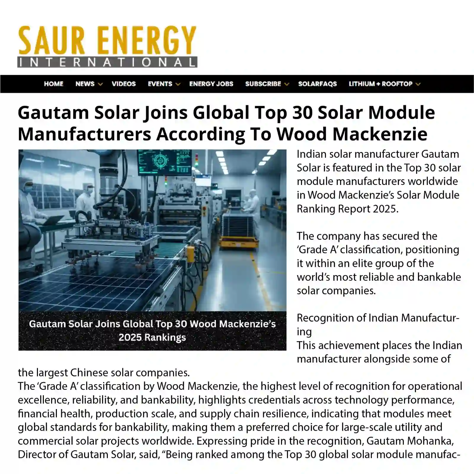 Gautam Solar joins Global Top 30 solar module manufacturers, according to Wood Mackenzie